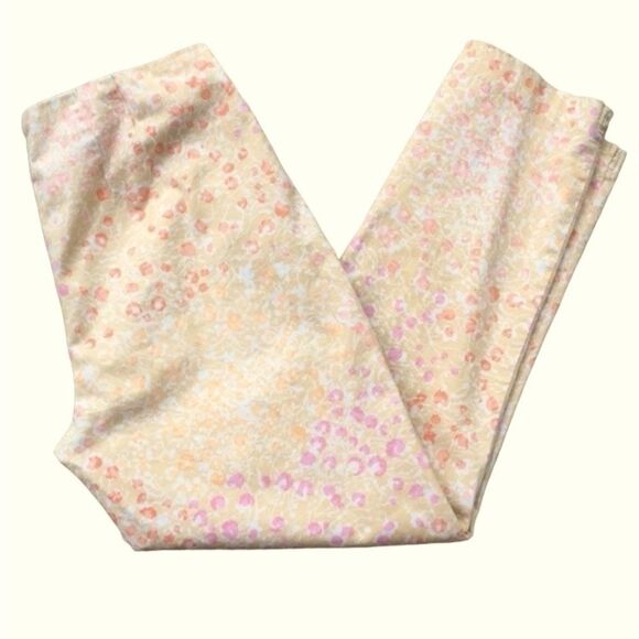 J. Jill Tan & Pink Ditsy Floral Print Stretch Crop Ankle Pants Side Zip SZ 4P - Picture 1 of 12